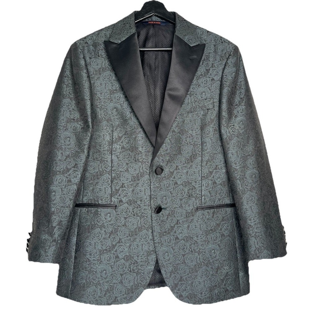 Egara Mens 38 Short Slim Fit Gray Floral Rose Brocade Tuxedo Dinner Jacket‎ Peak